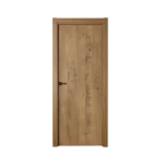Puerta de interior laminada acabado Roble Gold con veta natural, diseño liso, marco a juego y manilla negra, ideal para hogares modernos y espacios de estilo contemporáneo.
