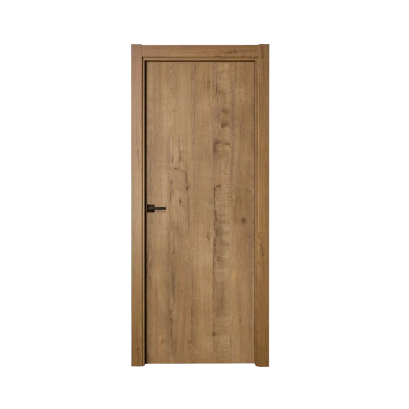 Puerta de interior laminada acabado Roble Gold con veta natural, diseño liso, marco a juego y manilla negra, ideal para hogares modernos y espacios de estilo contemporáneo.