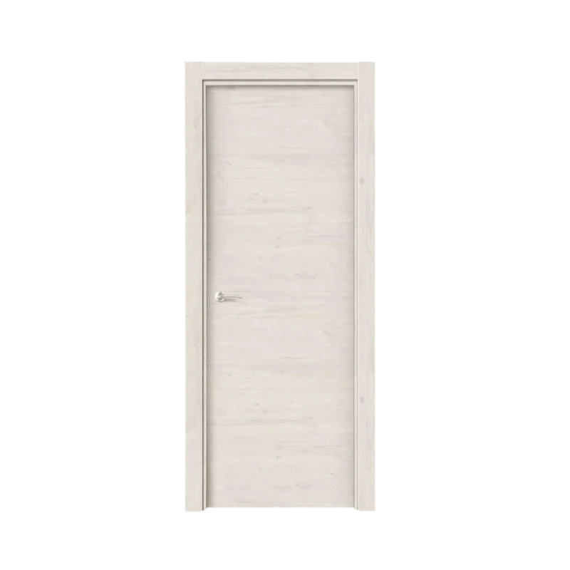 Puerta de interior laminada acabado Roble Nórdico con veta de madera clara, diseño liso y moderno, marco a juego y manilla cromada, ideal para viviendas de estilo escandinavo y contemporáneo.
