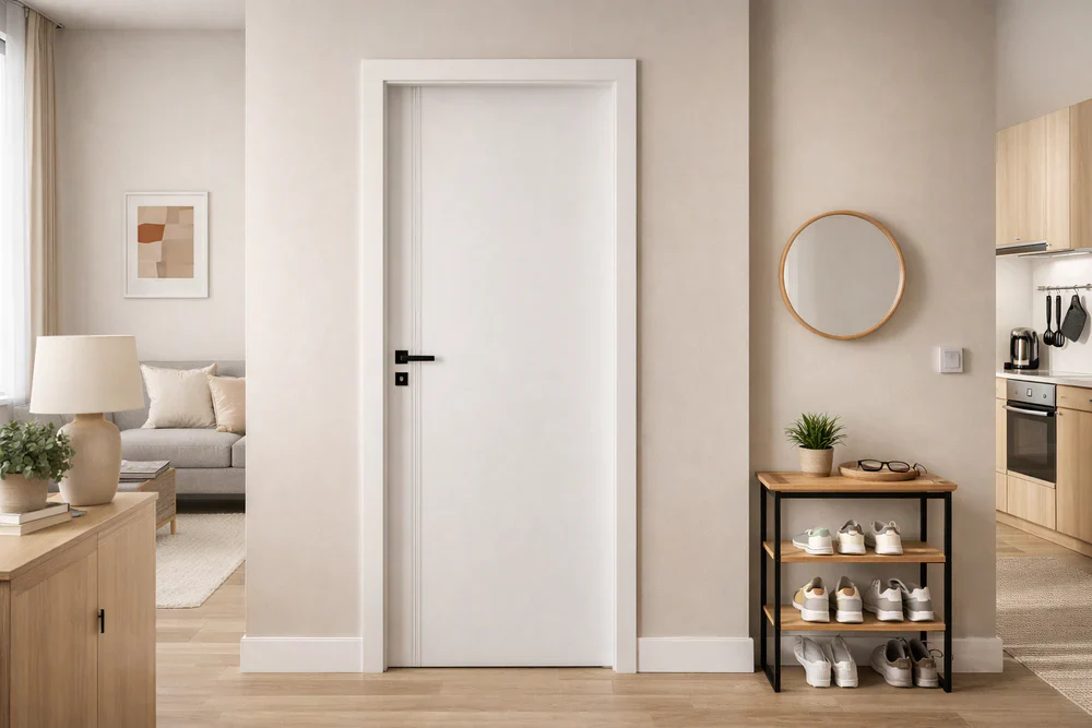 Puerta de interior maciza lacada en blanco con maneta negra de diseño moderno, instalada en el recibidor de una vivienda en Mataró.