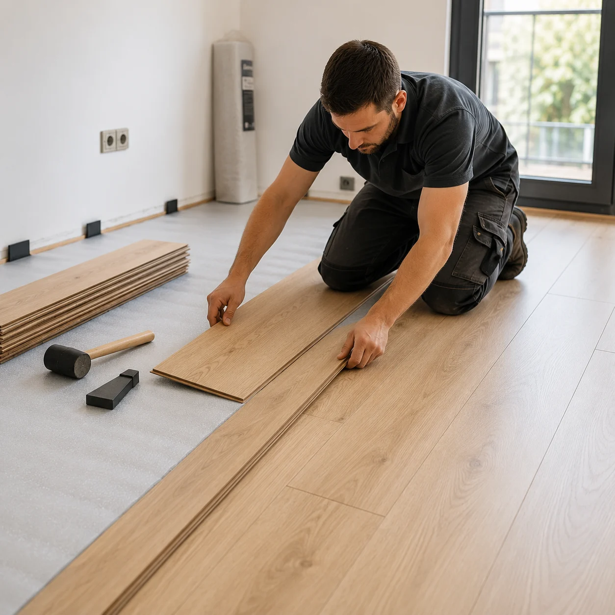 Instalación de suelo laminado flotante: colocación de tablillas machihembradas con mazo de goma y taco de encaje, proceso de montaje paso a paso en vivienda, con separadores junto a la pared para junta perimetral.