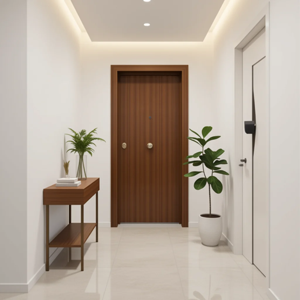 Puerta de entrada blindada con acabado en madera natural instalada en el recibidor moderno de una vivienda, con herrajes dorados de alta seguridad.