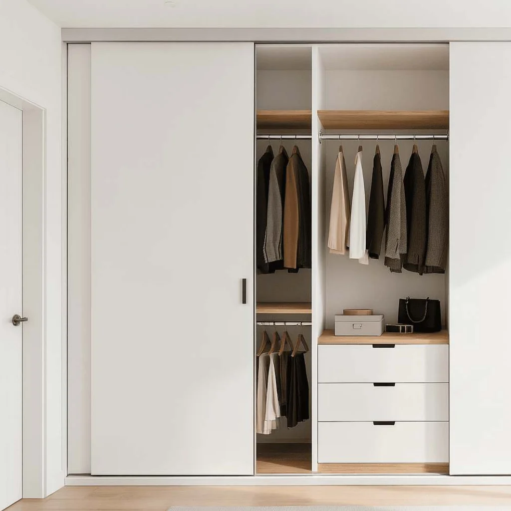 Armario a medida empotrado con puertas correderas y distribución interior personalizada en madera, diseñado para la organización eficiente de un dormitorio.