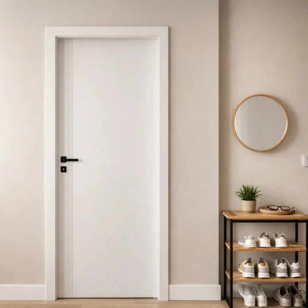 Puerta de interior maciza lacada en blanco con maneta negra de diseño moderno, instalada en el recibidor de una vivienda en Mataró.