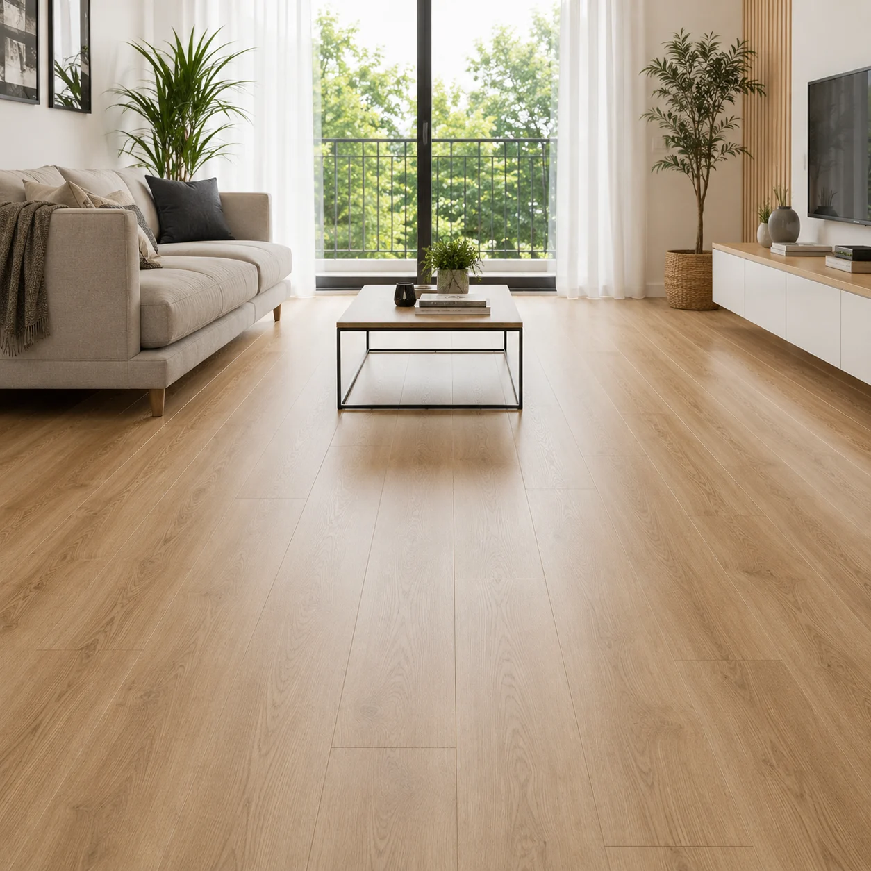 Suelo laminado flotante instalado en salón, acabado en tono roble natural con textura veta de madera, pavimento colocado en espiga con rodapié integrado y luz natural entrando por ventanal.