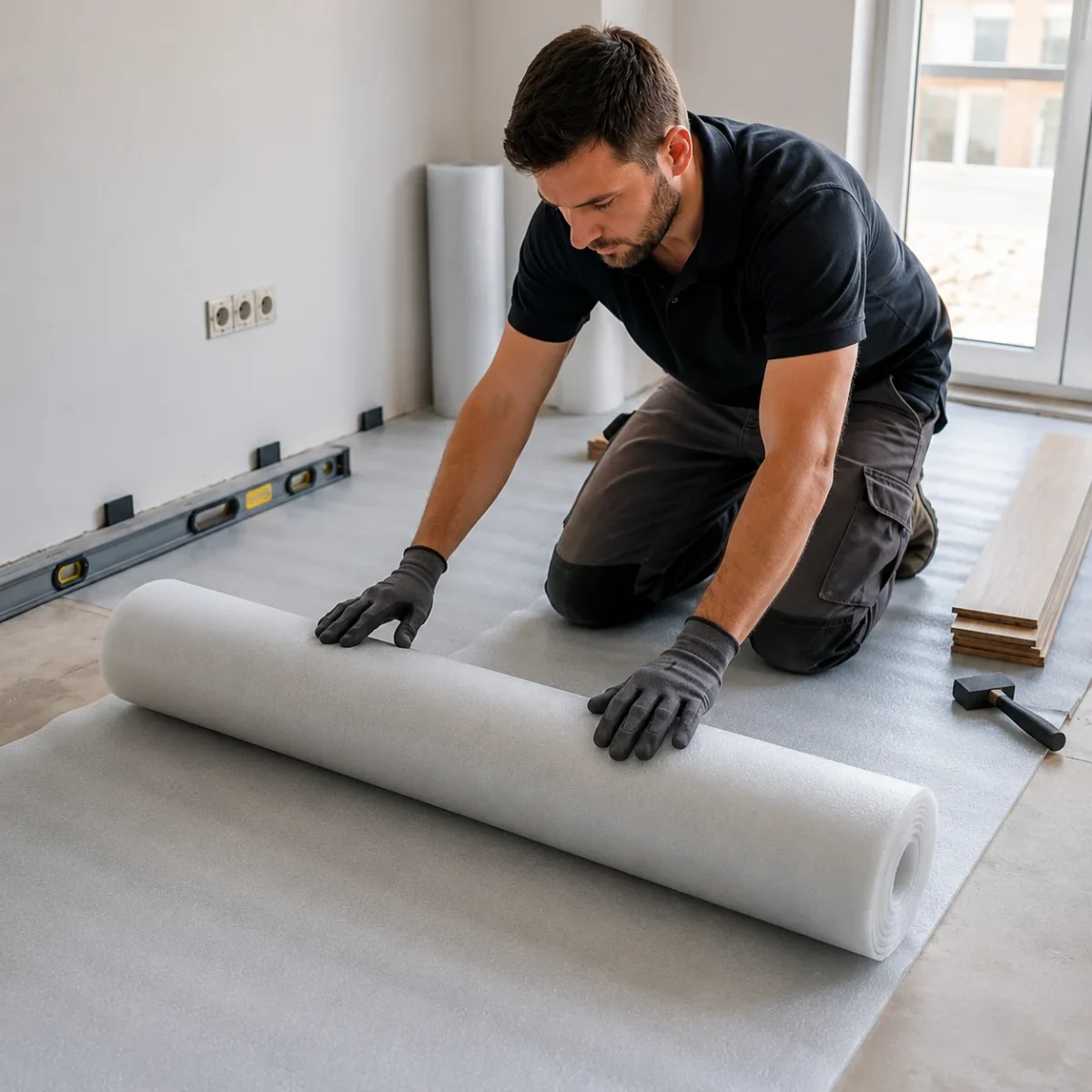 Colocación de la capa aislante bajo el suelo laminado. Se aprecia la malla de polietileno extendida sobre el contrapiso, con las uniones solapadas y fijadas con cinta de doble cara para evitar desplazamientos y asegurar la estanqueidad.