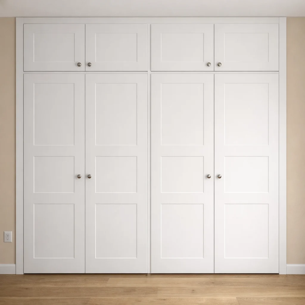 Armario empotrado blanco clásico con puertas paneladas y acabado moderno, instalado en pared beige y suelo de madera clara, fotografía realista con iluminación neutra.