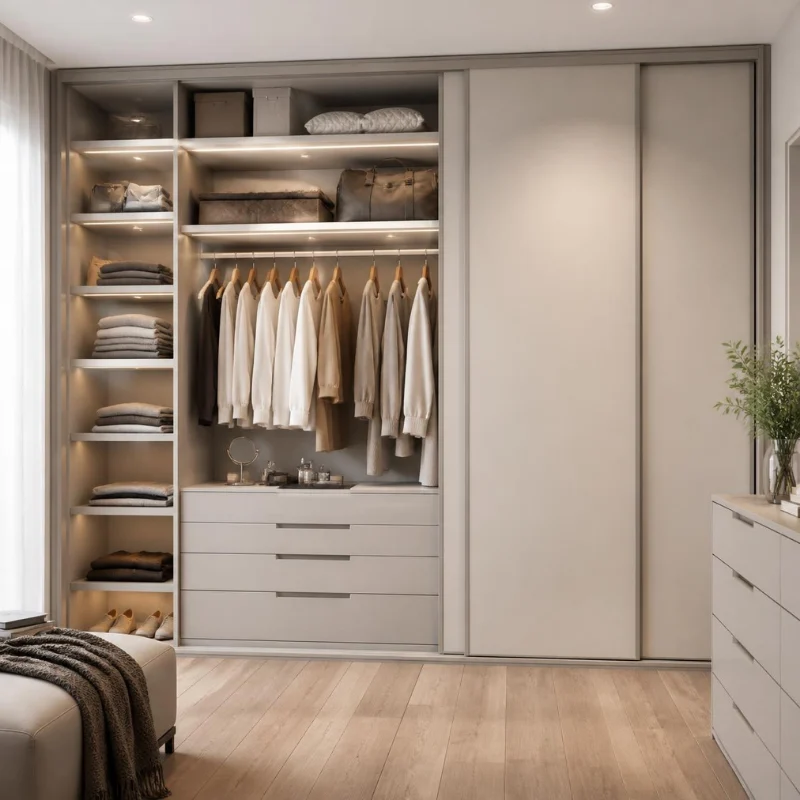 Armario empotrado moderno con estantes abiertos, ropa doblada, prendas colgadas en tonos neutros y cajonera minimalista, iluminado con luz suave y decorado con banco y cómoda de estilo contemporáneo.