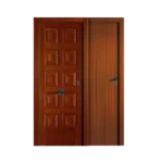 Puerta de entrada de madera estilo sapelly; a la izquierda diseño clásico con paneles cuadrados y mirilla, y a la derecha puerta moderna lisa con veta marcada y tirador horizontal, mostrando contraste entre estilos tradicional y minimalista.