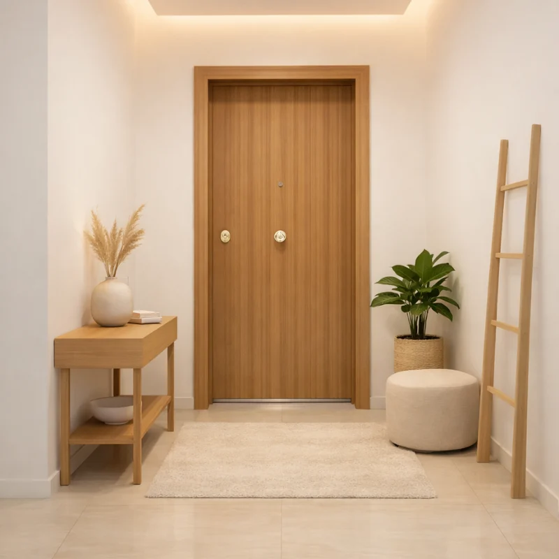 Puerta de entrada blindada moderna cálida con puerta de madera clara, iluminación suave LED, consola minimalista con jarrón y pampas, planta verde y suelo beige pulido que crean un ambiente acogedor y elegante.