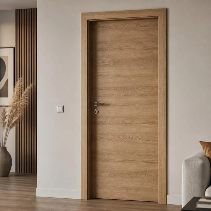 Puerta interior laminada de madera clara con veta horizontal, manilla plateada moderna y pared minimalista decorada con jarrón de pampas y paneles verticales de madera.