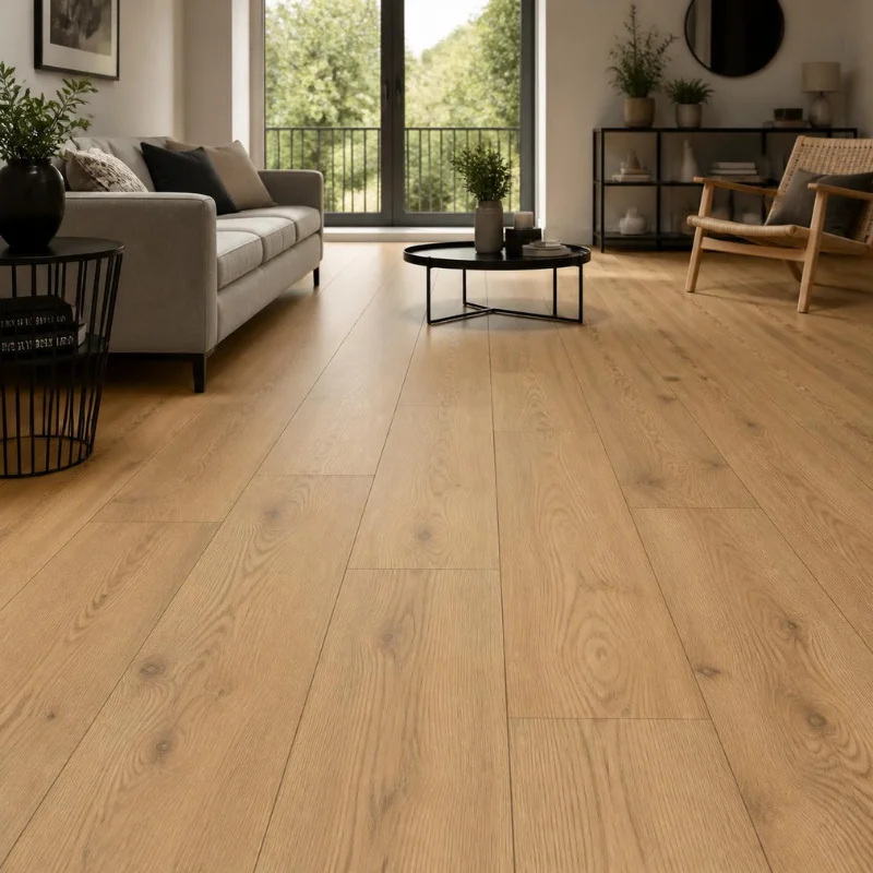 Salón moderno con suelo de madera clara laminado, sofá gris con cojines, mesa de centro redonda negra y sillón de madera, junto a estantería decorativa y grandes puertas de cristal que dan a un balcón con vistas verdes.