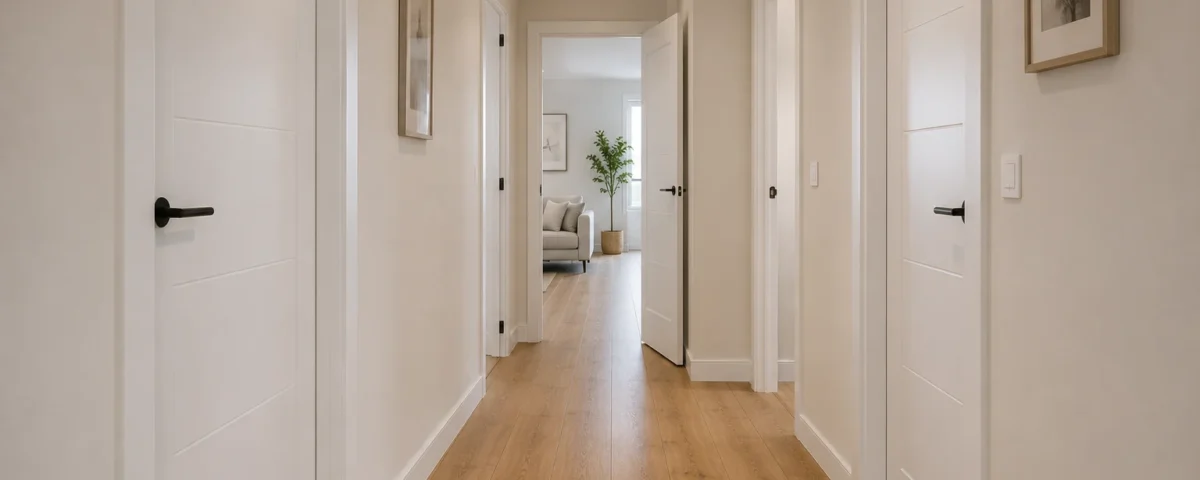Pasillo de vivienda con varias puertas de interior blancas y suelo de madera, salón al fondo