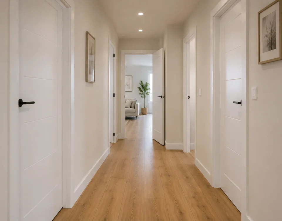 Pasillo de vivienda con varias puertas de interior blancas y suelo de madera, salón al fondo