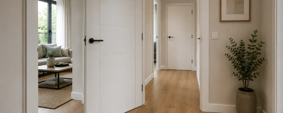 Puerta de interior abierta junto a suelo laminado recién instalado, con una planta decorativa
