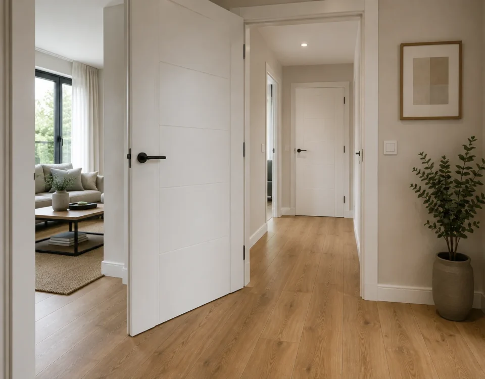 Puerta de interior abierta junto a suelo laminado recién instalado, con una planta decorativa