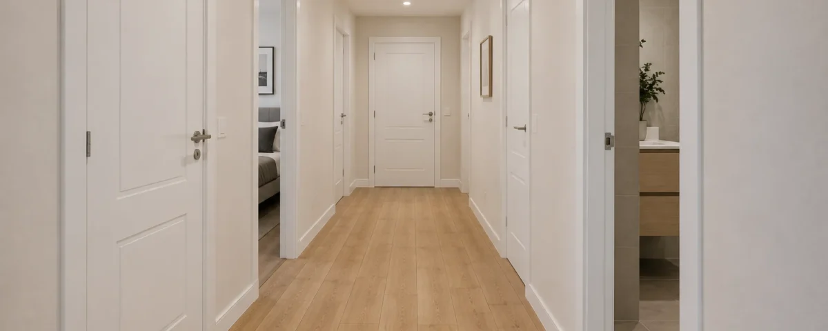 Pasillo de piso con varias puertas de interior abiertas hacia dormitorio y baño