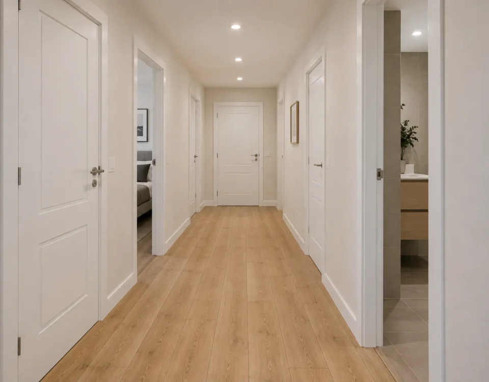 Pasillo de piso con varias puertas de interior abiertas hacia dormitorio y baño