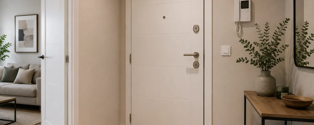 Puerta de entrada blanca de vivienda con mirilla y manivela