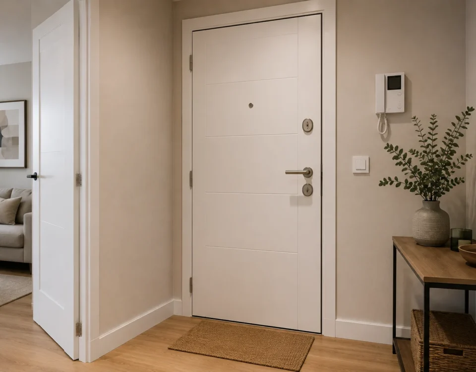 Puerta de entrada blanca de vivienda con mirilla y manivela