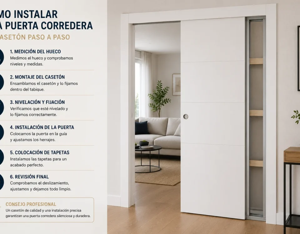 Puerta corredera en casetón instalada en el hueco de una pared, con el salón al fondo