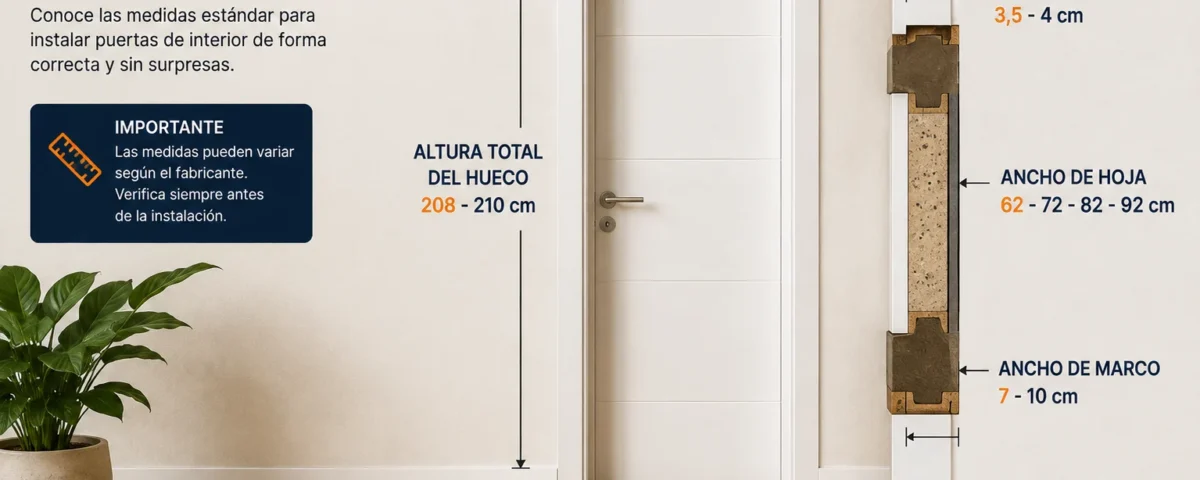 Puerta de interior con las medidas estándar de hueco, marco y hoja señaladas