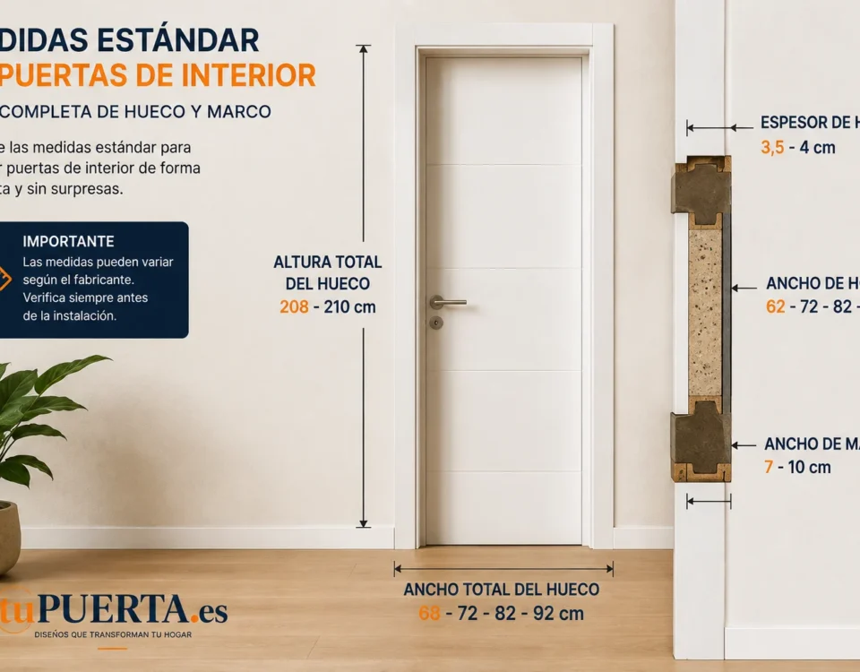 Puerta de interior con las medidas estándar de hueco, marco y hoja señaladas