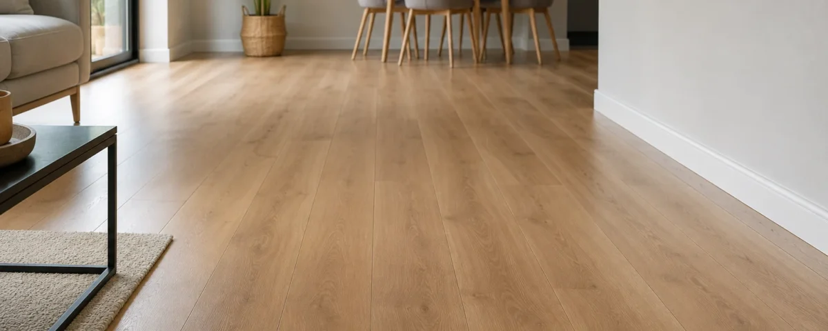 Salón y comedor con suelo laminado en tono roble claro, sofá y mesa de comedor