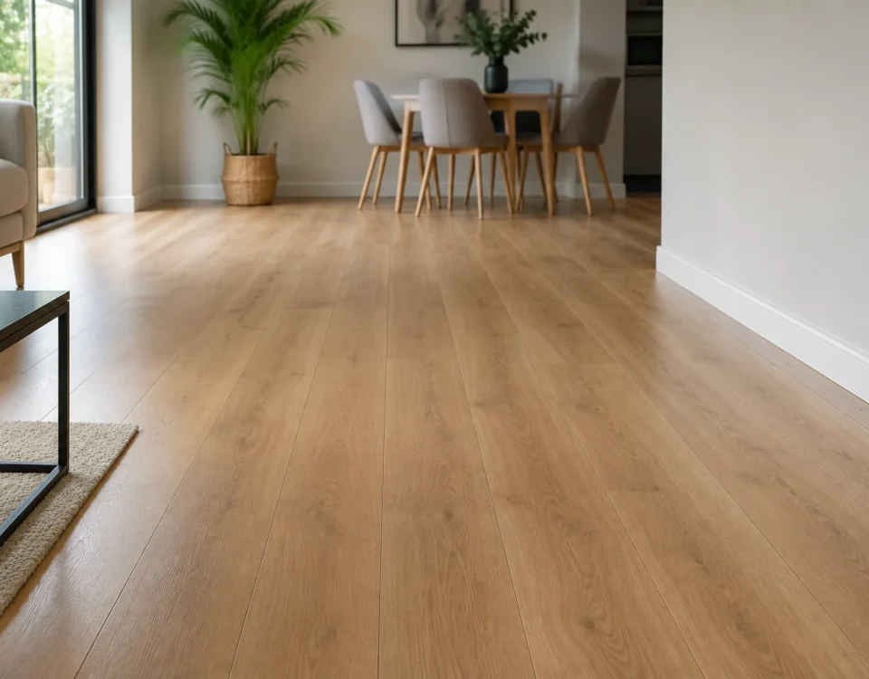 Salón y comedor con suelo laminado en tono roble claro, sofá y mesa de comedor
