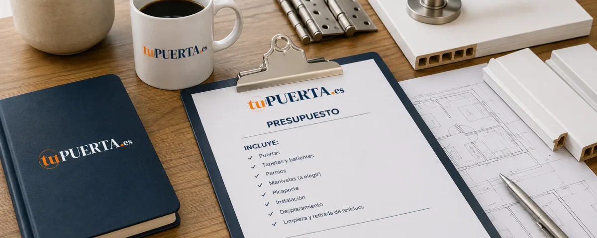 Presupuesto de puertas de interior con herrajes, bisagras y manivela sobre una mesa