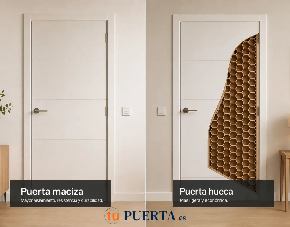 Puerta maciza y puerta hueca comparadas, mostrando la estructura interior alveolar de la puerta hueca