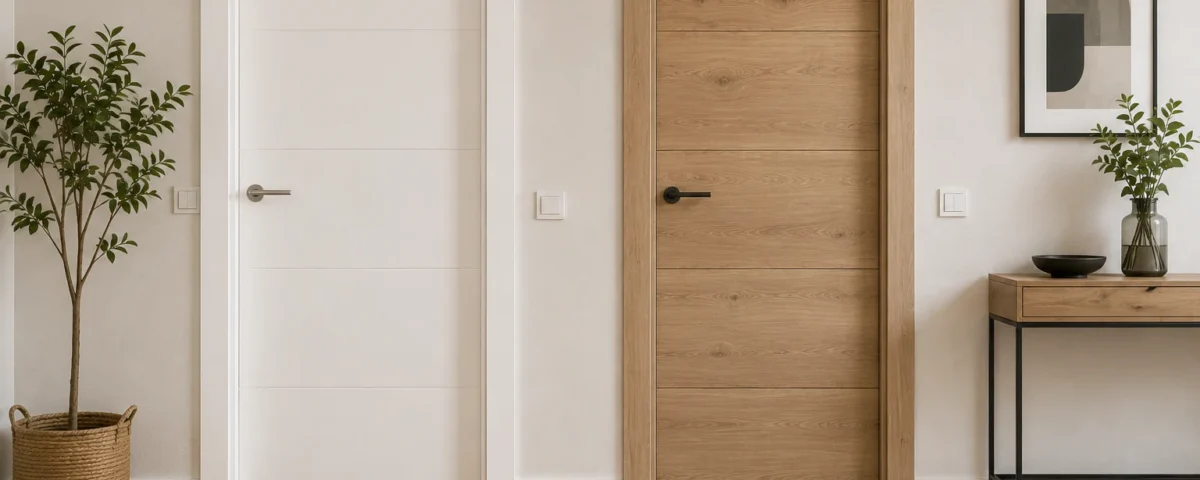 Puerta blanca lacada junto a una puerta efecto madera en el mismo pasillo