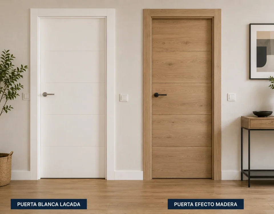 Puerta blanca lacada junto a una puerta efecto madera en el mismo pasillo