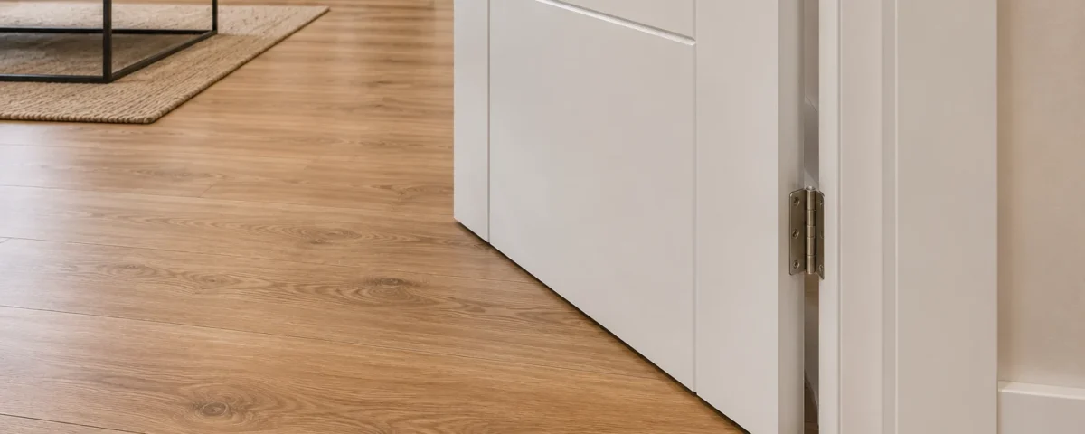 Puerta de interior blanca junto a suelo laminado en tono madera, con salón al fondo