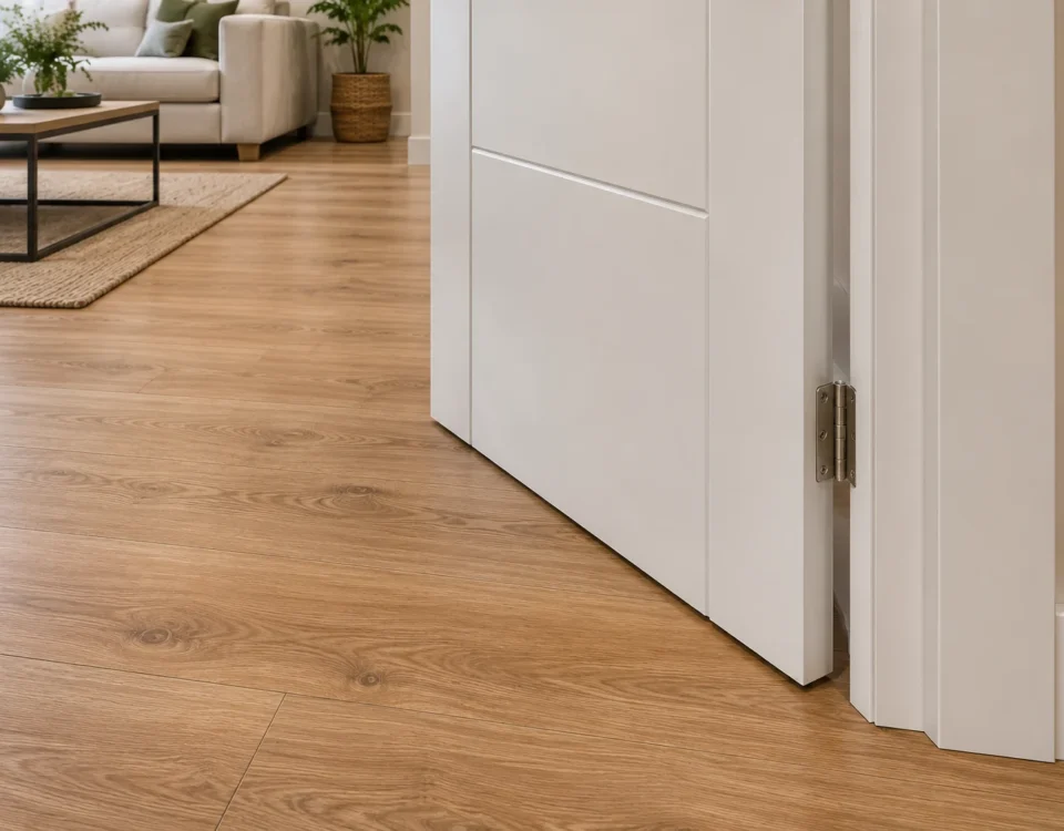 Puerta de interior blanca junto a suelo laminado en tono madera, con salón al fondo