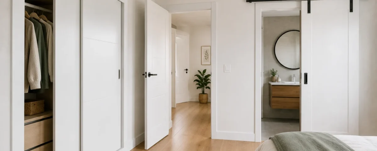 Dormitorio con armario de puertas correderas abierto y puerta corredera tipo granero hacia el baño