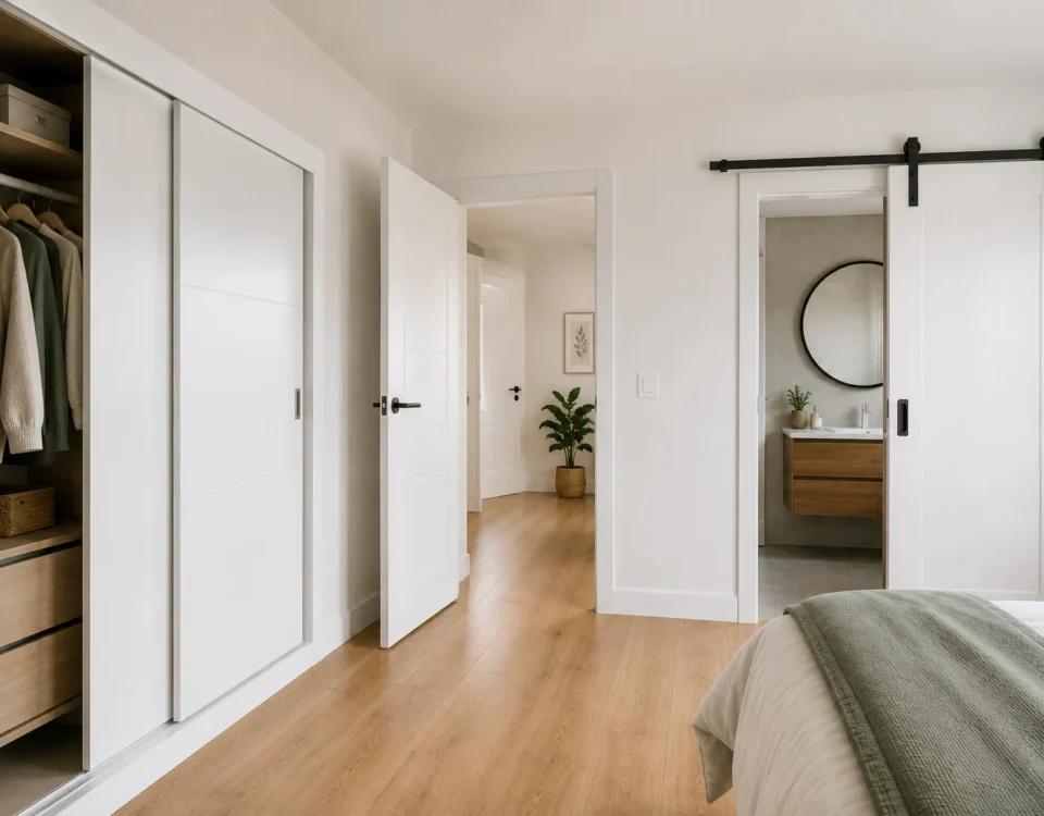 Dormitorio con armario de puertas correderas abierto y puerta corredera tipo granero hacia el baño